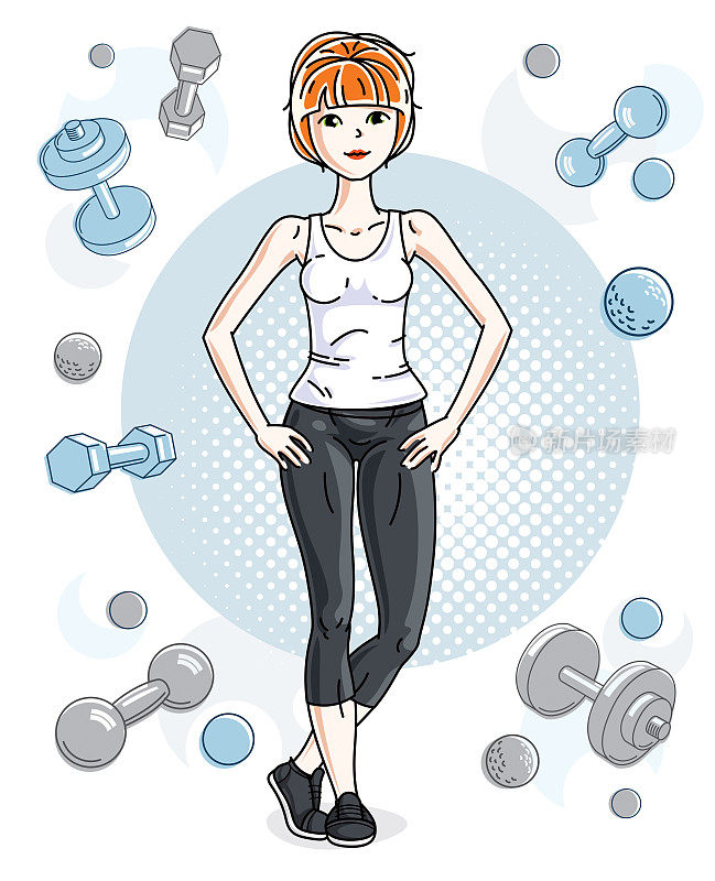 Attractive young red-haired sportswoman adult standing on simple background with dumbbells and barbells. Vector illustration of lady wearing leggings and T-shirt.  Sport style.